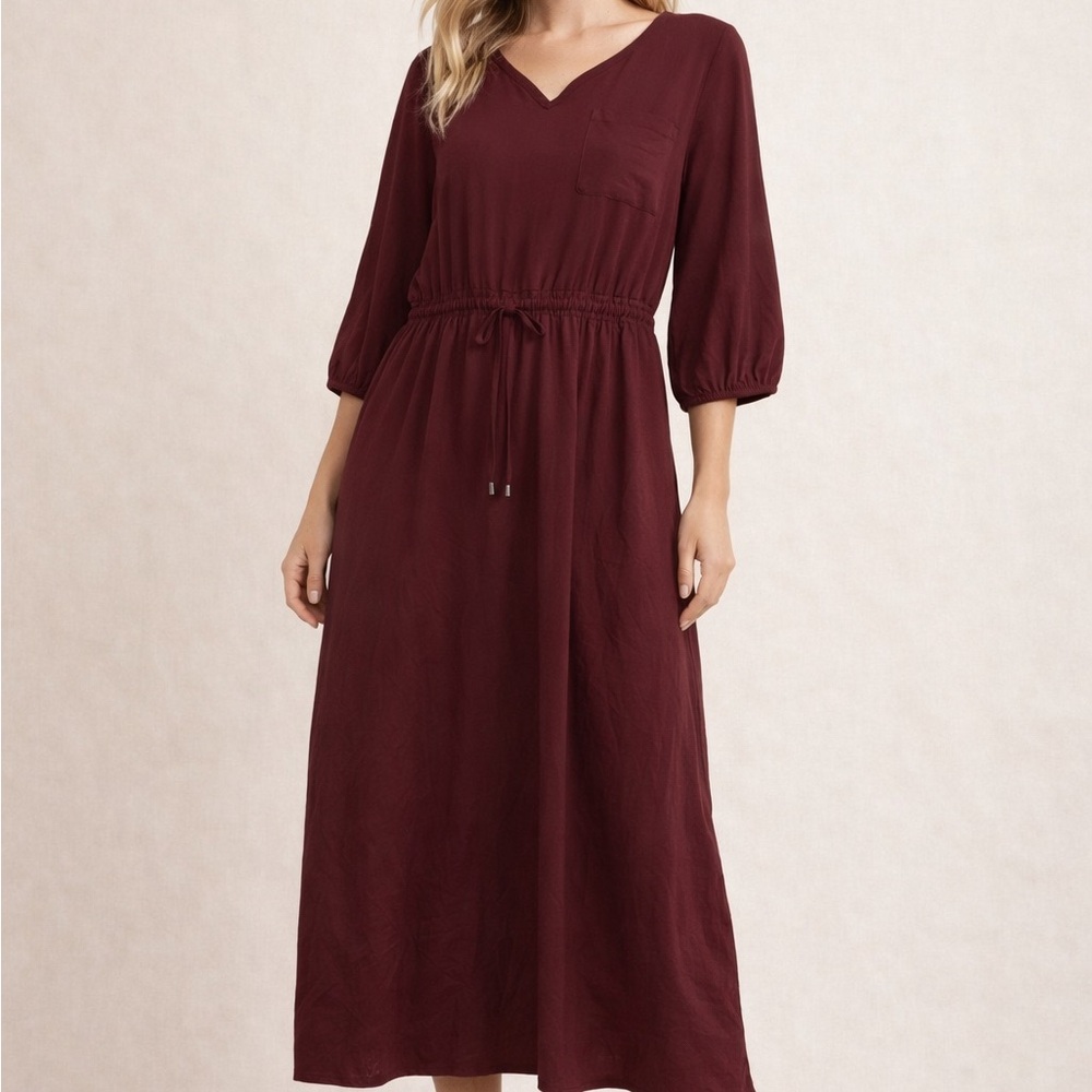 Women's Burgundy Midi Dress with Drawstring Waist NWOT
